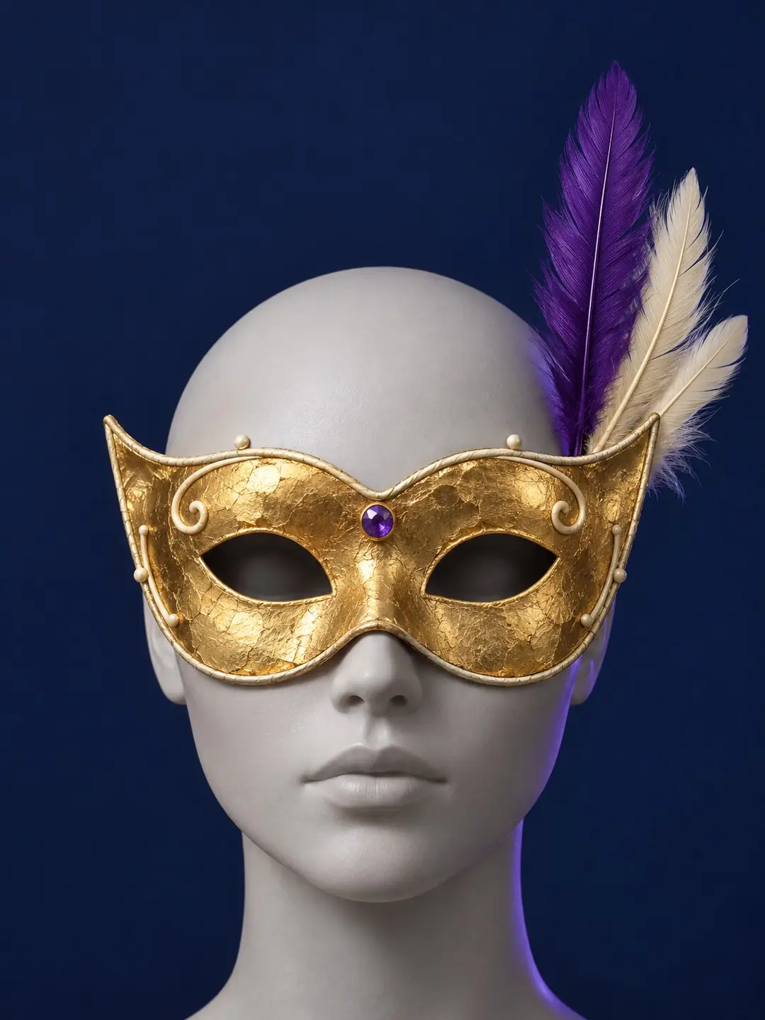 Ballroom: gold ballroom eye mask with a plume, worn on a mannequin